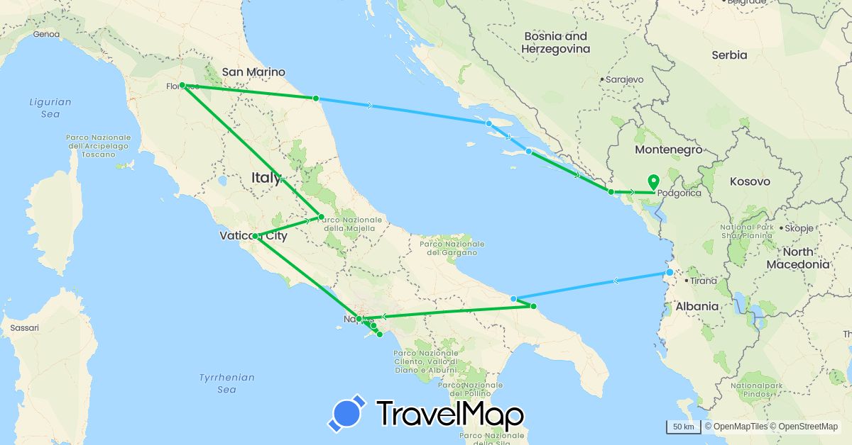 TravelMap itinerary: driving, bus, boat in Albania, Croatia, Italy, Montenegro (Europe)